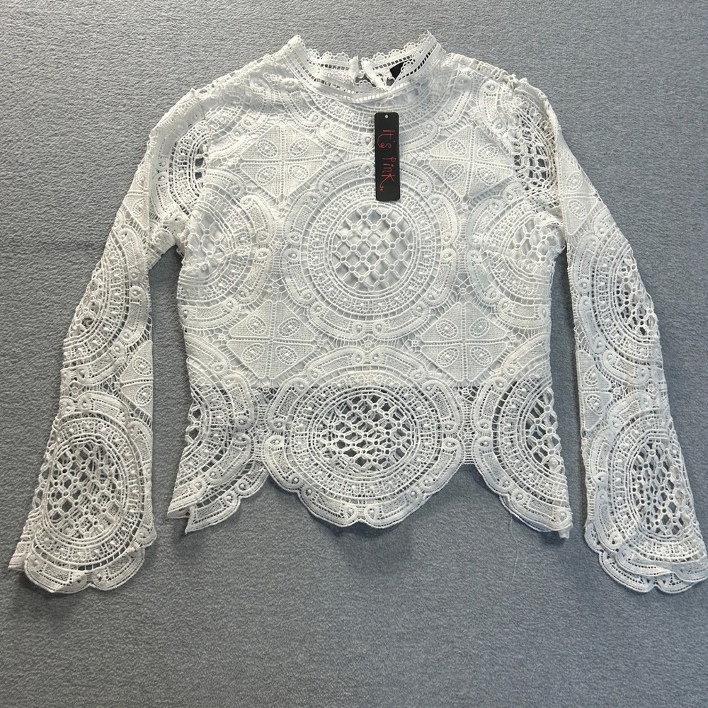 It's Pink Crochet Lace Blouse Womens L White Bell Sleeve Boho Sheer Scallop Top